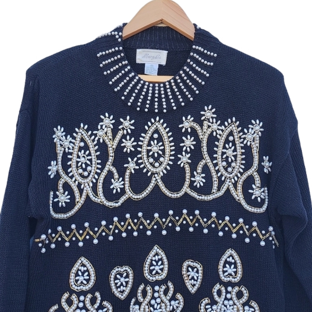VINTAGE 1980s Margules Beaded Pearl Sweater S Oversized Holiday Christmas Glam - Picture 6 of 17